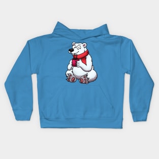 Cute Polar Bear In Red Scarf Drinking Hot Chocolate Kids Hoodie